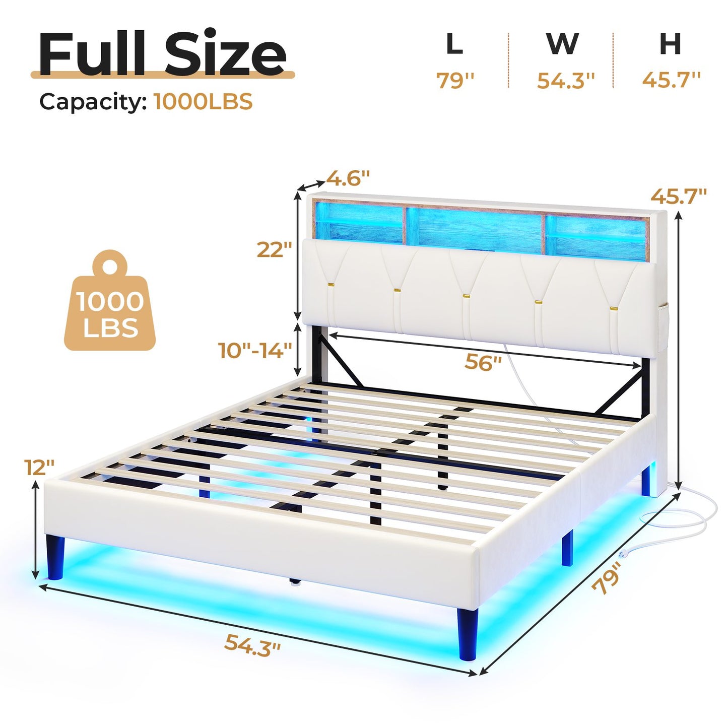 HAUOMS Full Bed Frame with Type-C and USB Charging Station Storage Pu Leather Platform Bed with LED and Shelf Headboard