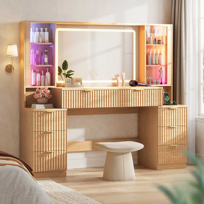 HAUOMS 59.1 Inch Vanity with Mirror and Sound Sync LED Lights Large Fluted Vanity Table with 8 Drawers Charging Station