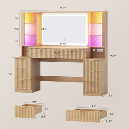 HAUOMS 59.1 Inch Vanity with Mirror and Sound Sync LED Lights Large Fluted Vanity Table with 8 Drawers Charging Station