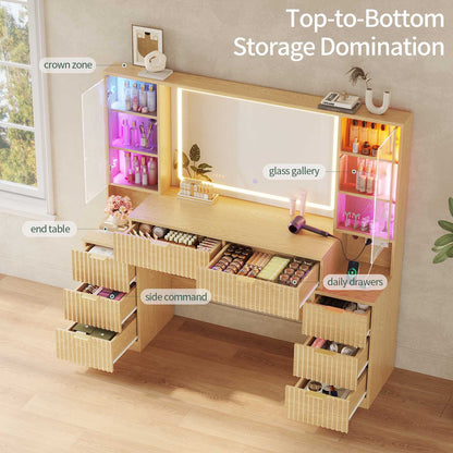 HAUOMS 59.1 Inch Vanity with Mirror and Sound Sync LED Lights Large Fluted Vanity Table with 8 Drawers Charging Station