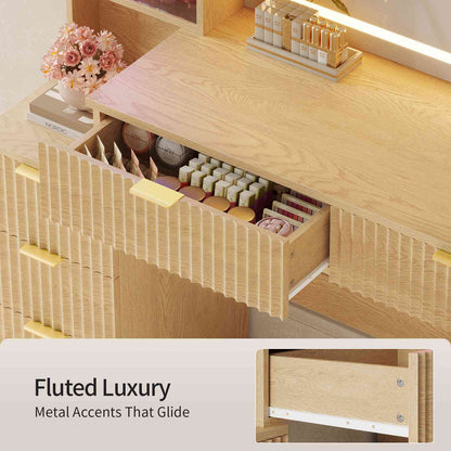 HAUOMS 59.1 Inch Vanity with Mirror and Sound Sync LED Lights Large Fluted Vanity Table with 8 Drawers Charging Station