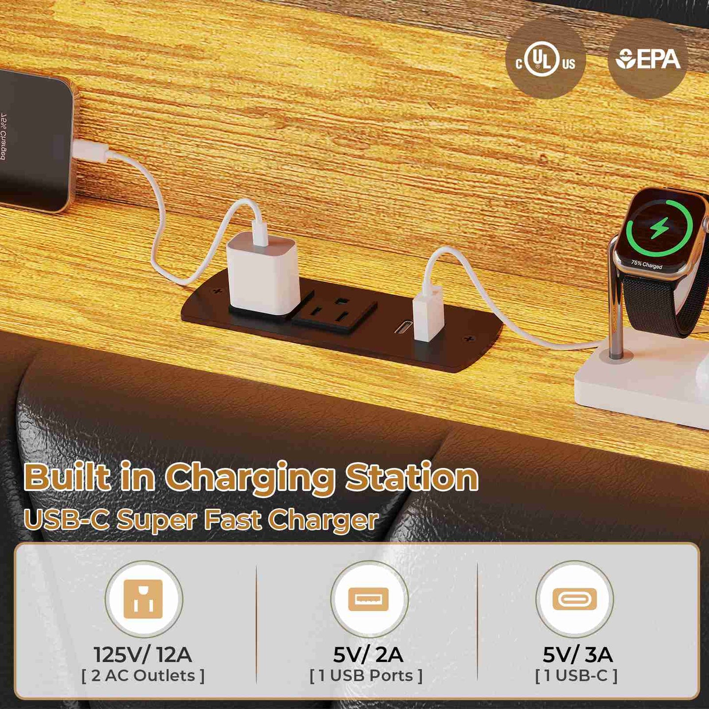 HAUOMS Full Bed Frame with Type-C and USB Charging Station Storage Pu Leather Platform Bed with LED and Shelf Headboard