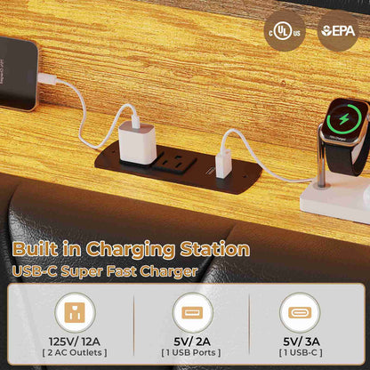 HAUOMS Full Bed Frame with Type-C and USB Charging Station Storage Pu Leather Platform Bed with LED and Shelf Headboard