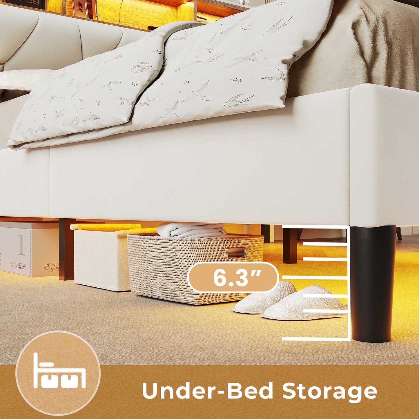 HAUOMS Full Bed Frame with Type-C and USB Charging Station Storage Pu Leather Platform Bed with LED and Shelf Headboard