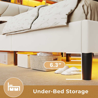 HAUOMS Full Bed Frame with Type-C and USB Charging Station Storage Pu Leather Platform Bed with LED and Shelf Headboard