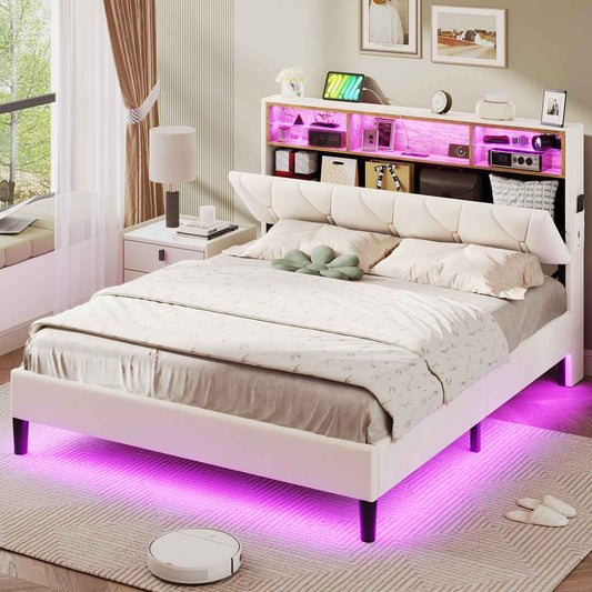 HAUOMS Full Bed Frame with Type-C and USB Charging Station Storage Pu Leather Platform Bed with LED and Shelf Headboard