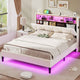 HAUOMS Full Bed Frame with Type-C and USB Charging Station Storage Pu Leather Platform Bed with LED and Shelf Headboard