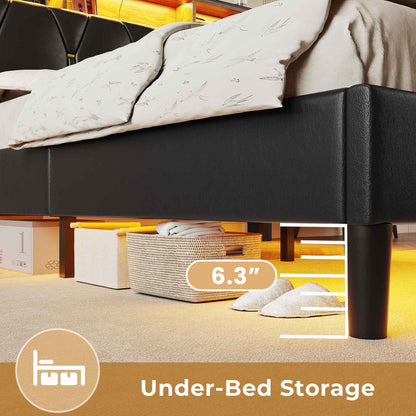 HAUOMS Full Bed Frame with Type-C and USB Charging Station Storage Pu Leather Platform Bed with LED and Shelf Headboard