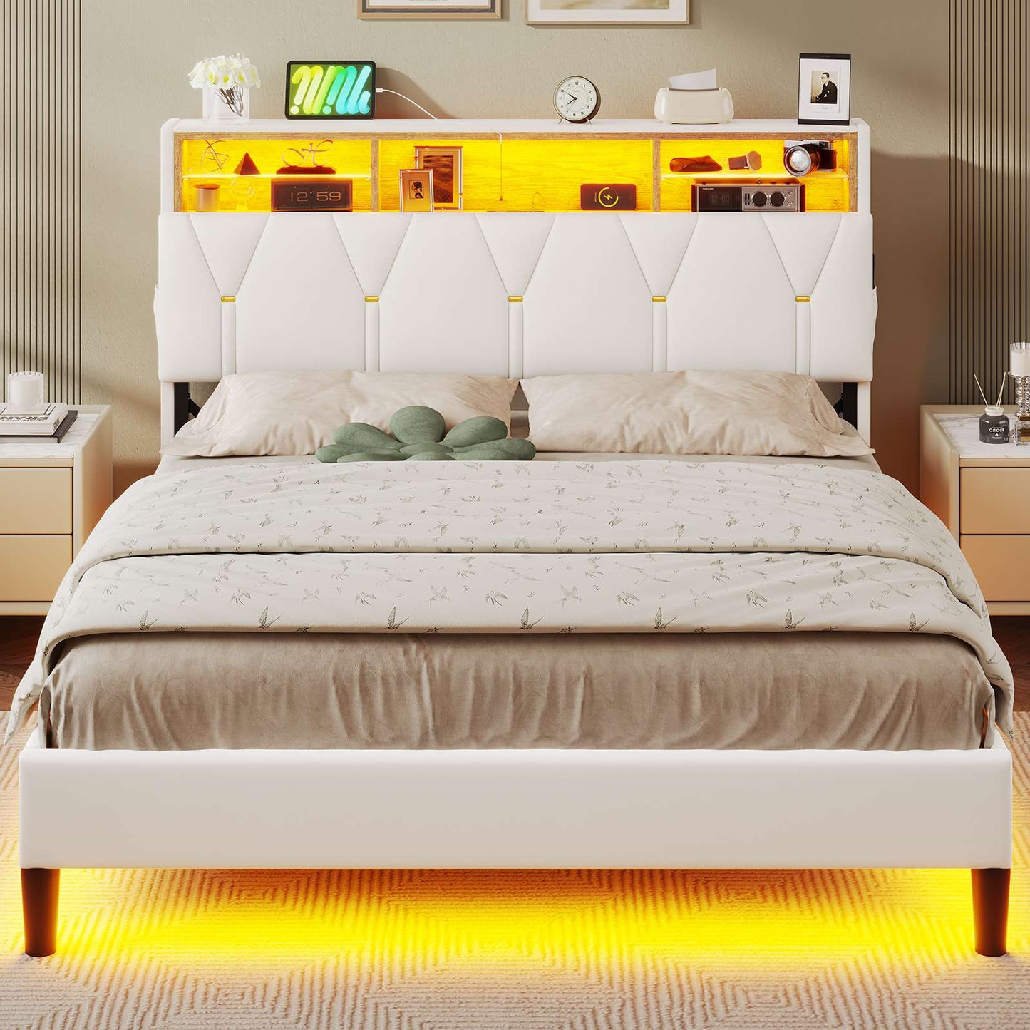 HAUOMS Full Bed Frame with Type-C and USB Charging Station Storage Pu Leather Platform Bed with LED and Shelf Headboard