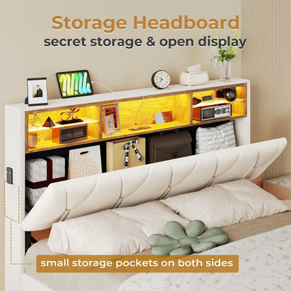 HAUOMS Full Bed Frame with Type-C and USB Charging Station Storage Pu Leather Platform Bed with LED and Shelf Headboard