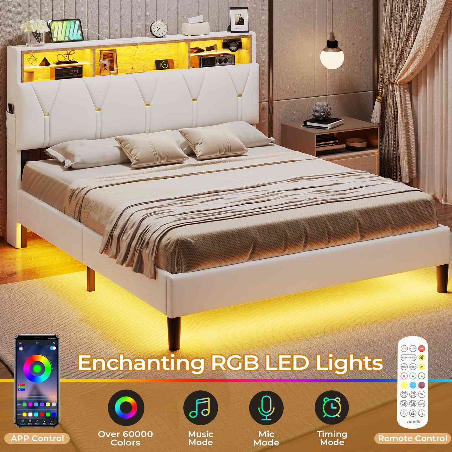 HAUOMS Full Bed Frame with Type-C and USB Charging Station Storage Pu Leather Platform Bed with LED and Shelf Headboard