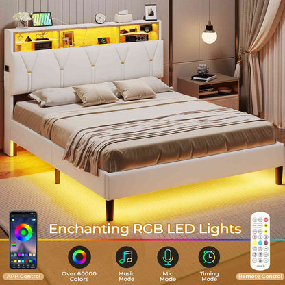 HAUOMS Full Bed Frame with Type-C and USB Charging Station Storage Pu Leather Platform Bed with LED and Shelf Headboard