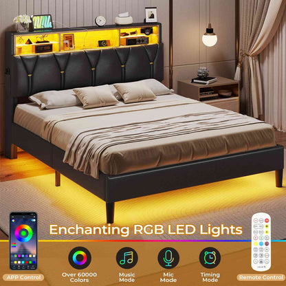 HAUOMS Full Bed Frame with Type-C and USB Charging Station Storage Pu Leather Platform Bed with LED and Shelf Headboard