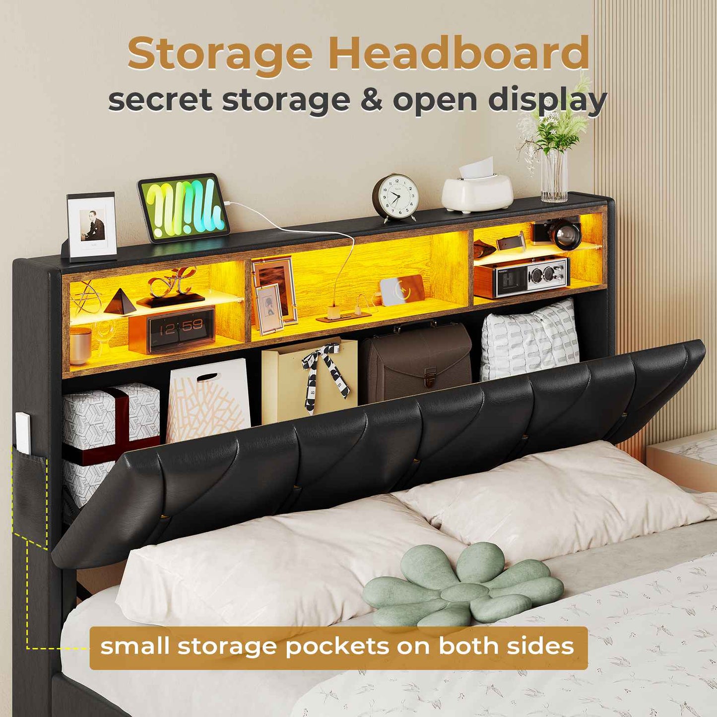 HAUOMS Full Bed Frame with Type-C and USB Charging Station Storage Pu Leather Platform Bed with LED and Shelf Headboard