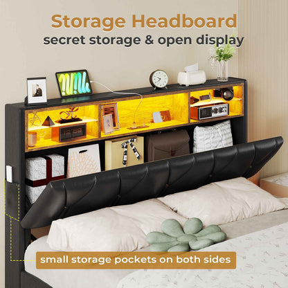 HAUOMS Full Bed Frame with Type-C and USB Charging Station Storage Pu Leather Platform Bed with LED and Shelf Headboard