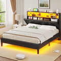 HAUOMS Full Bed Frame with Type-C and USB Charging Station Storage Pu Leather Platform Bed with LED and Shelf Headboard