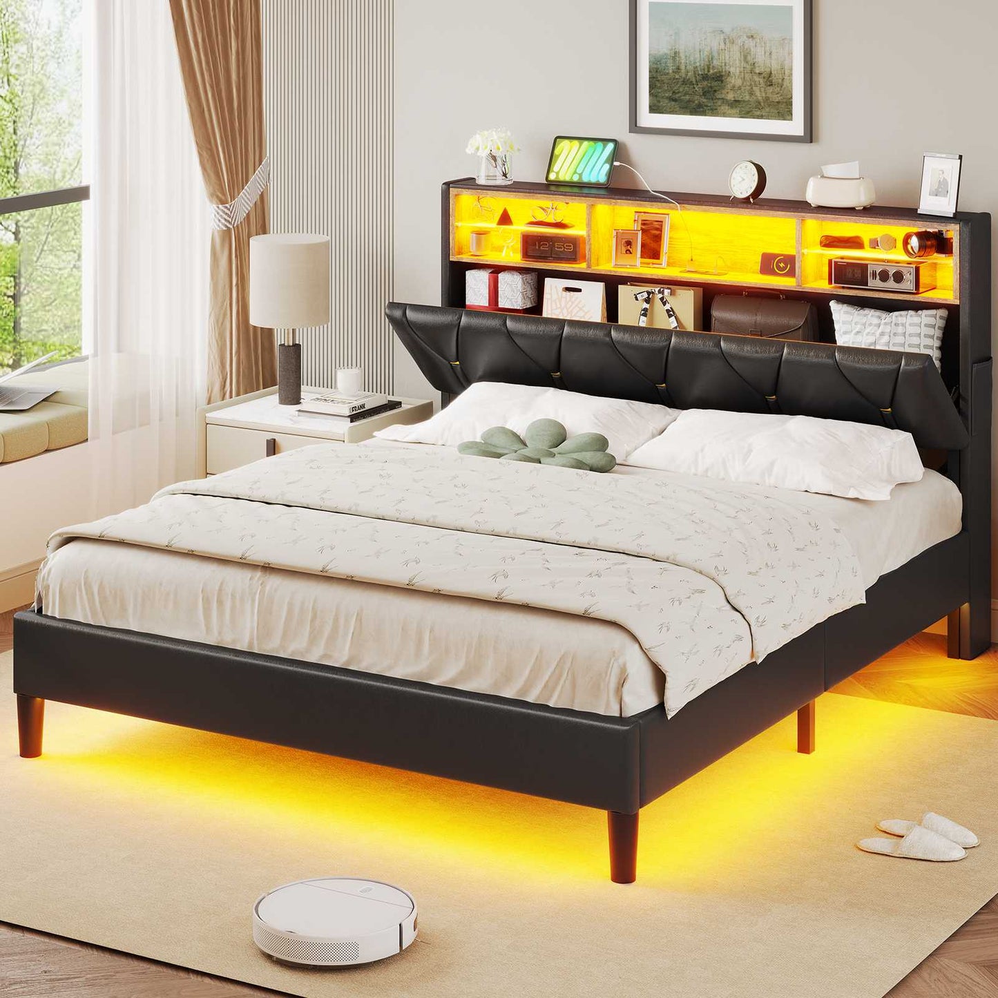 HAUOMS Full Bed Frame with Type-C and USB Charging Station Storage Pu Leather Platform Bed with LED and Shelf Headboard