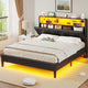HAUOMS Full Bed Frame with Type-C and USB Charging Station Storage Pu Leather Platform Bed with LED and Shelf Headboard