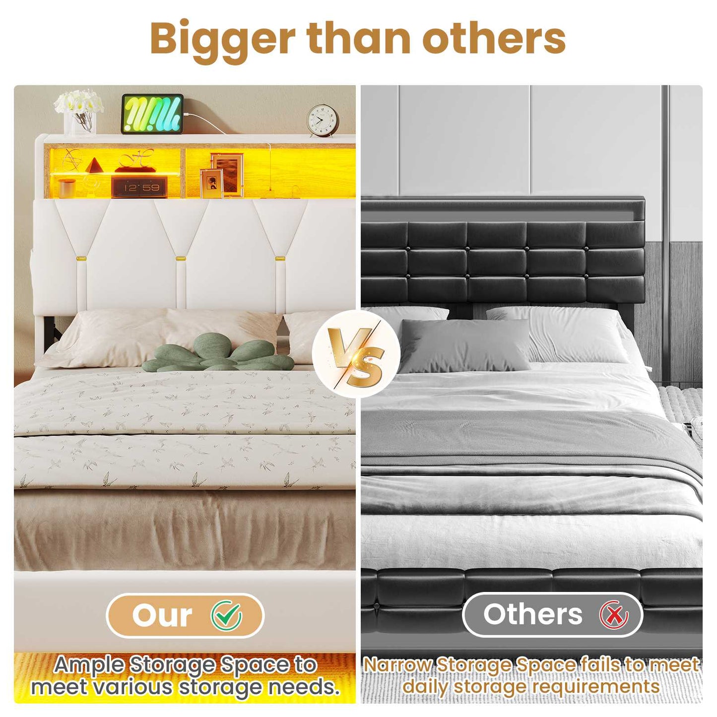 HAUOMS Full Bed Frame with Type-C and USB Charging Station Storage Pu Leather Platform Bed with LED and Shelf Headboard
