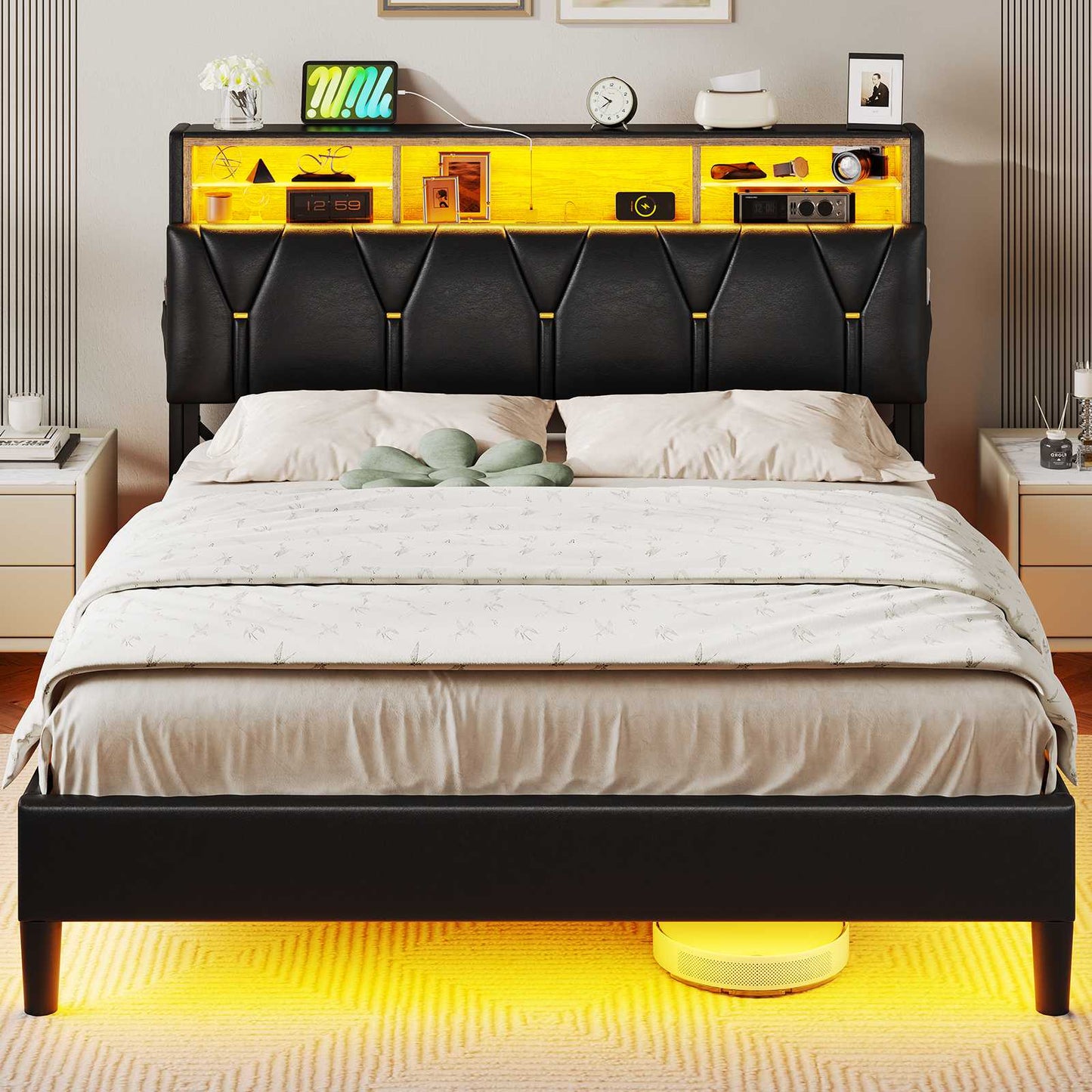 HAUOMS Full Bed Frame with Type-C and USB Charging Station Storage Pu Leather Platform Bed with LED and Shelf Headboard