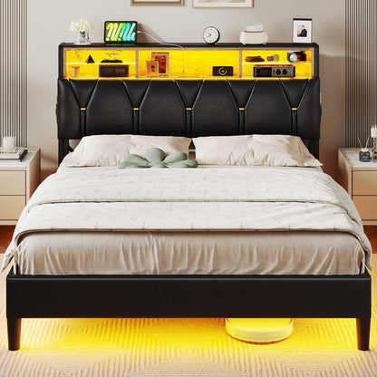 HAUOMS Full Bed Frame with Type-C and USB Charging Station Storage Pu Leather Platform Bed with LED and Shelf Headboard