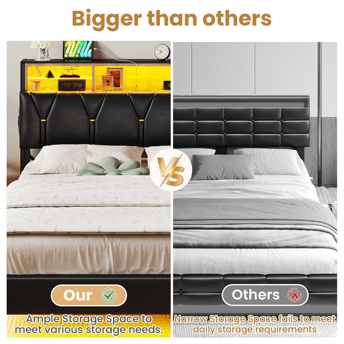 HAUOMS Full Bed Frame with Type-C and USB Charging Station Storage Pu Leather Platform Bed with LED and Shelf Headboard
