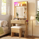 HAUOMS Small Vanity Desk with Mirror Sound Sync LED Lights and Teddy Chair Fluted Wood Compact Makeup Vanity Table Set Storage Drawer