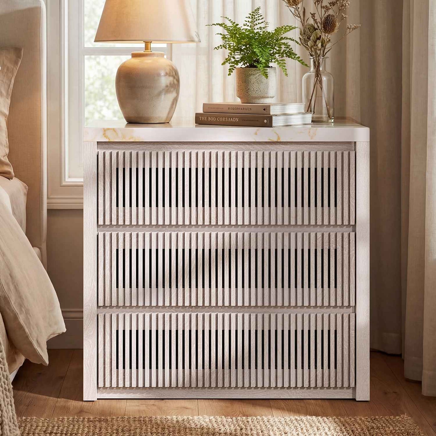HAUOMS 27.6 Inch Tall Nightstand Extra Large Fluted Wood Bedside Table with 3 Drawers for Bedroom Living Room