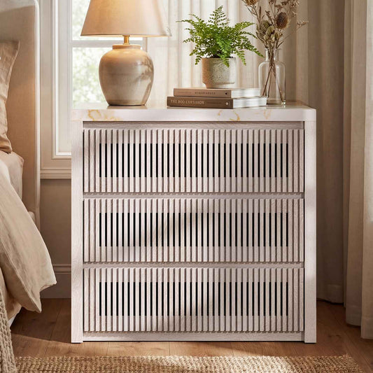 HAUOMS 27.6 Inch Tall Nightstand Extra Large Fluted Wood Bedside Table with 3 Drawers for Bedroom Living Room