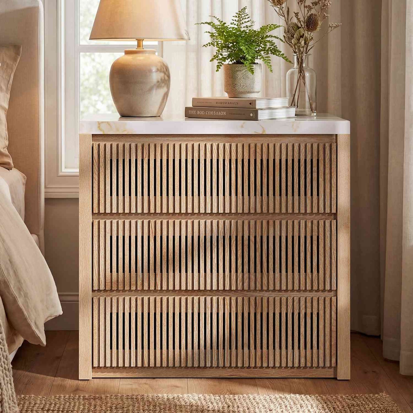 HAUOMS 27.6 Inch Tall Nightstand Extra Large Fluted Wood Bedside Table with 3 Drawers for Bedroom Living Room