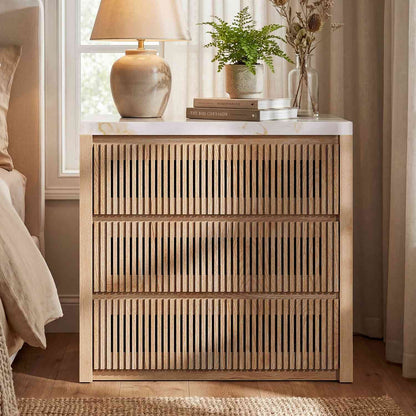 HAUOMS 27.6 Inch Tall Nightstand Extra Large Fluted Wood Bedside Table with 3 Drawers for Bedroom Living Room