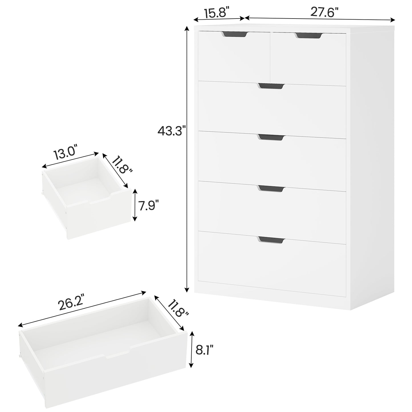 HAUOMS 43.3 Inch Tall Dresser with 6 Drawer Modern Chest of Drawers for Bedroom Living Room Entryway Hallway