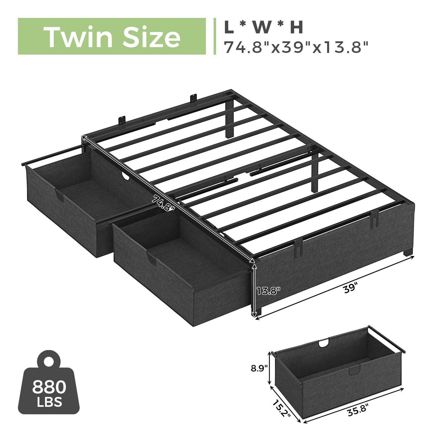 HAUOMS Twin Size Bed Frame with 2 Large Storage Drawers Platform Bed with Heavy Metal Slats No Box Spring Needed