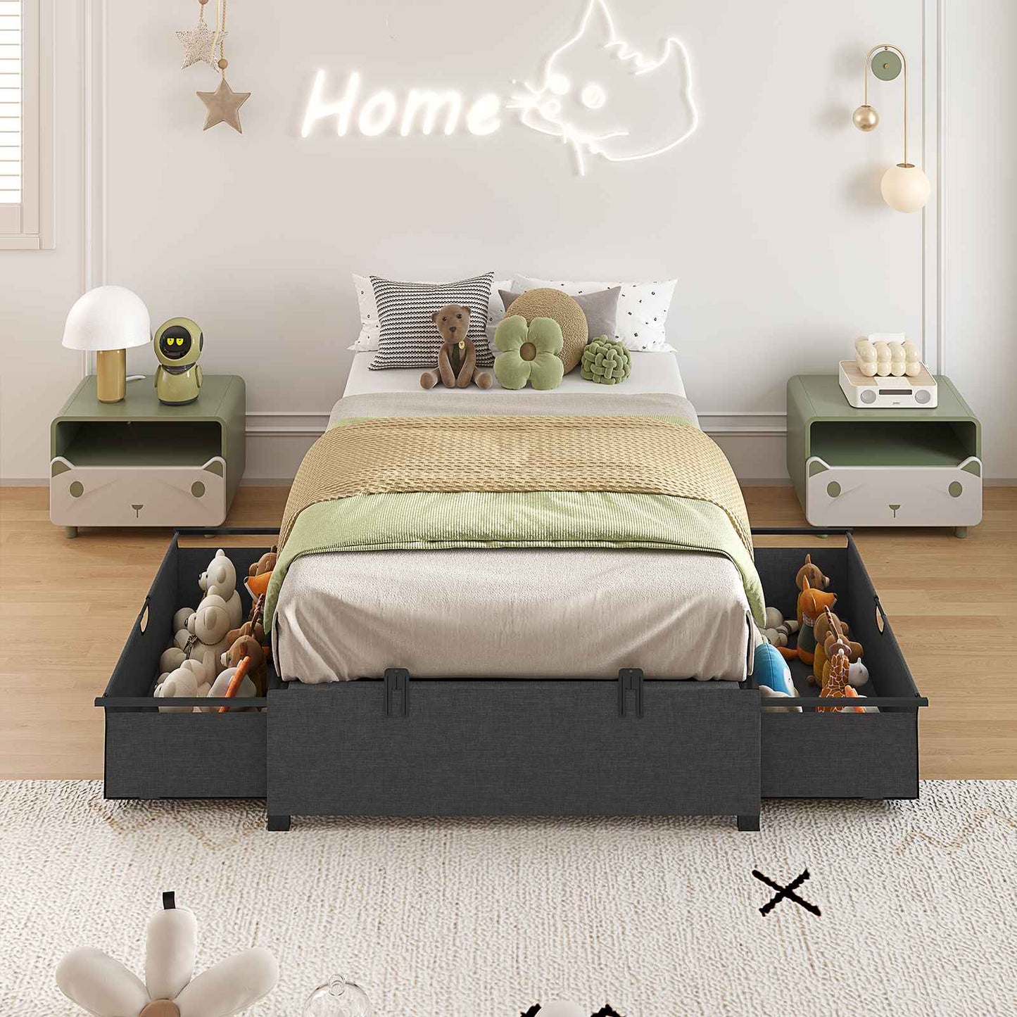 HAUOMS Twin Size Bed Frame with 2 Large Storage Drawers Platform Bed with Heavy Metal Slats No Box Spring Needed