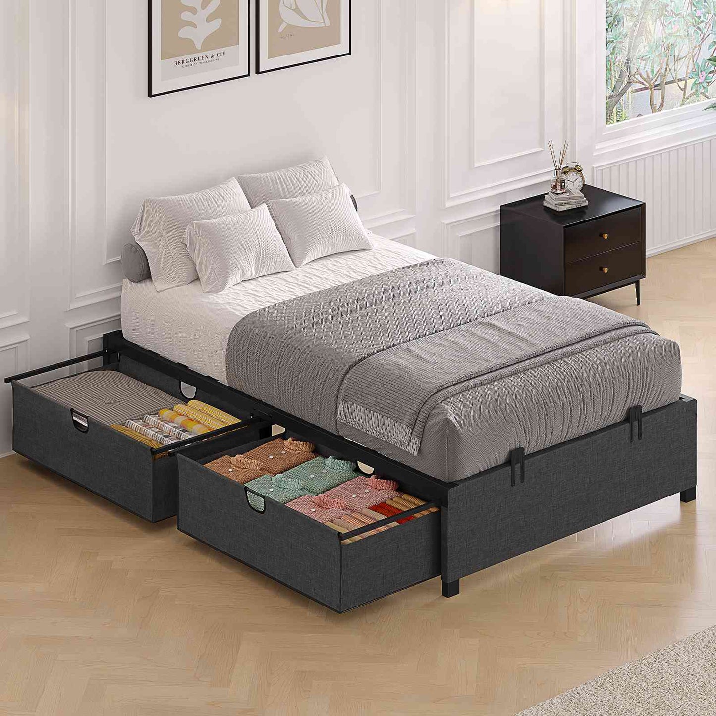 HAUOMS Twin Size Bed Frame with 2 Large Storage Drawers Platform Bed with Heavy Metal Slats No Box Spring Needed