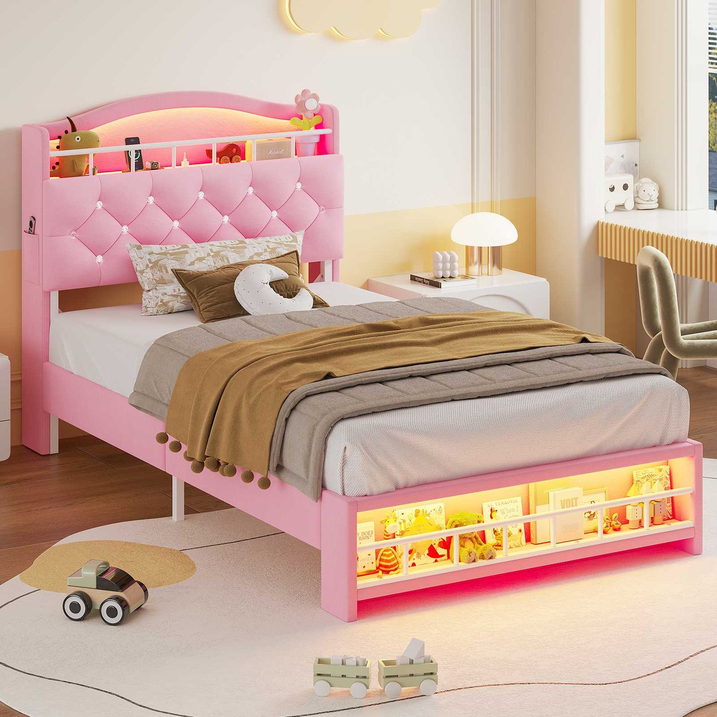 HAUOMS Twin Size Bed Frame with LED Lights and Charging Station Princess Velvet Upholstered Platform Bed with  Guardrail and Crystal Button
