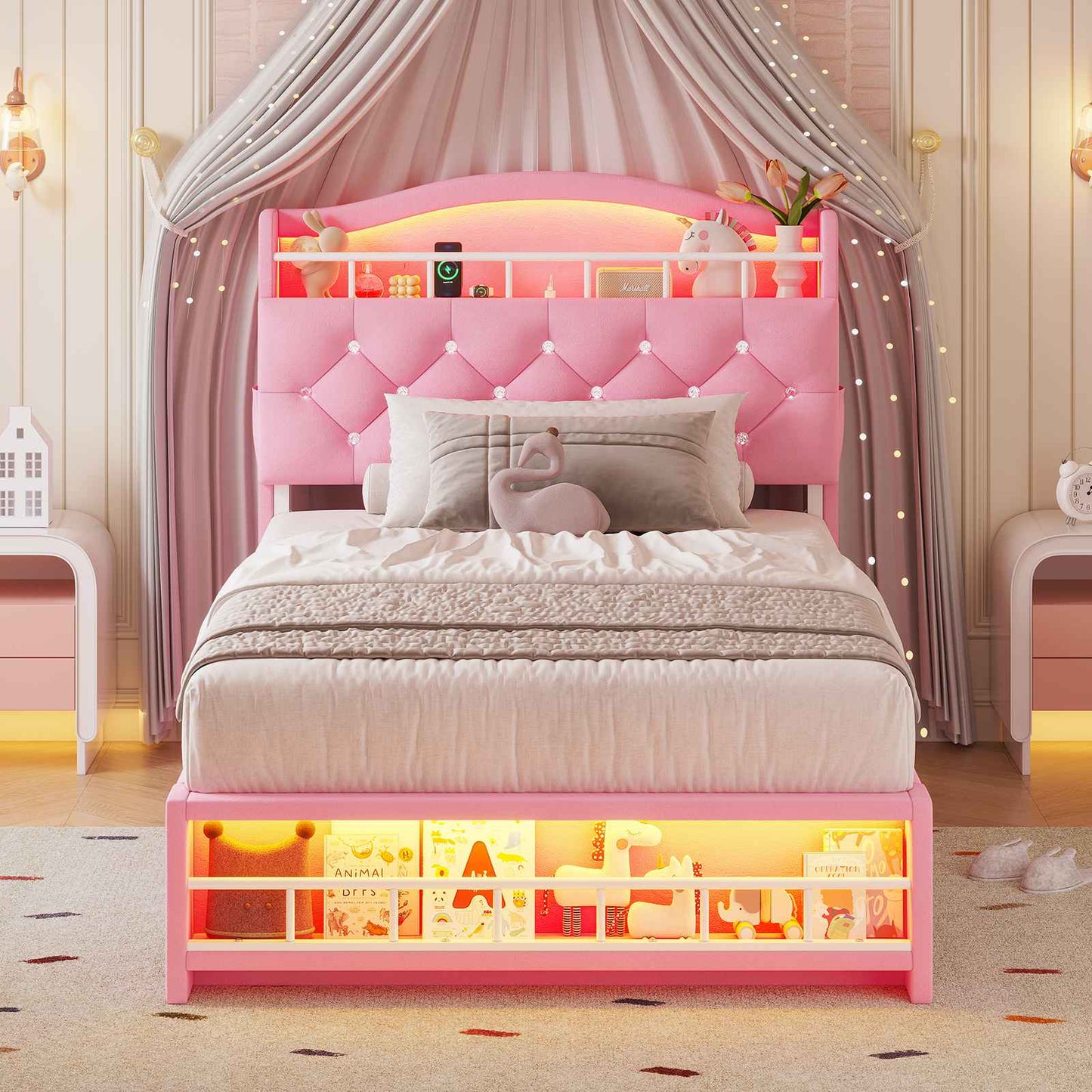 HAUOMS Twin Size Bed Frame with LED Lights and Charging Station Princess Velvet Upholstered Platform Bed with  Guardrail and Crystal Button