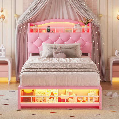 HAUOMS Twin Size Bed Frame with LED Lights and Charging Station Princess Velvet Upholstered Platform Bed with  Guardrail and Crystal Button
