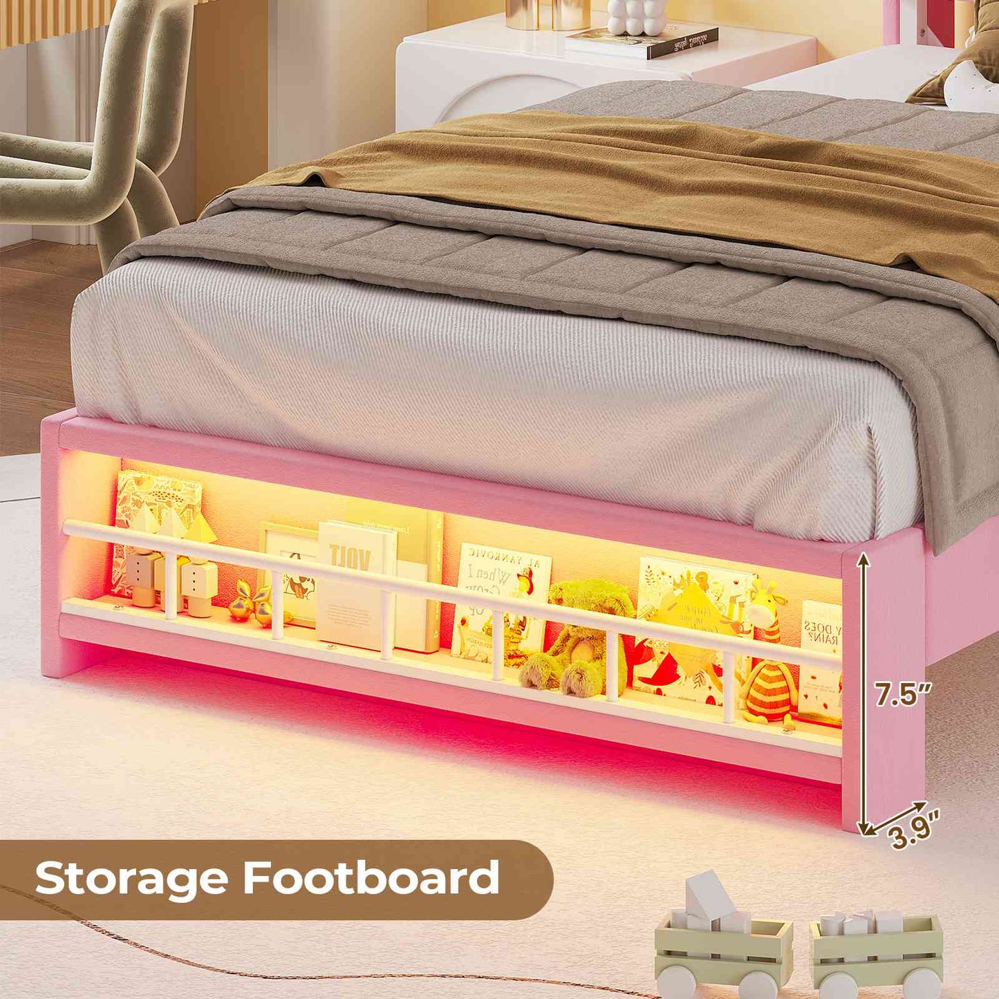 HAUOMS Twin Size Bed Frame with LED Lights and Charging Station Princess Velvet Upholstered Platform Bed with  Guardrail and Crystal Button