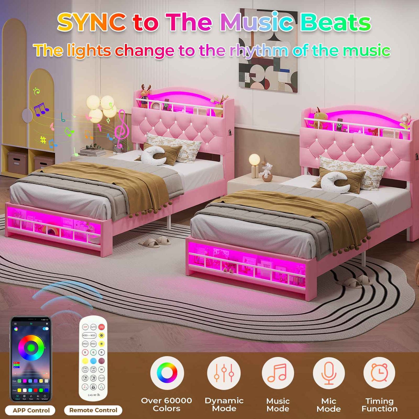 HAUOMS Twin Size Bed Frame with LED Lights and Charging Station Princess Velvet Upholstered Platform Bed with  Guardrail and Crystal Button