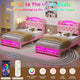 HAUOMS Twin Size Bed Frame with LED Lights and Charging Station Princess Velvet Upholstered Platform Bed with  Guardrail and Crystal Button