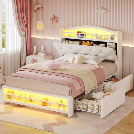 HAUOMS Twin Size Bed Frame with LED Lights and 4 Drawers Headboard with Charging Station Guardrail Crystal Button Princess Velvet Upholstered Platform Bed for Girls