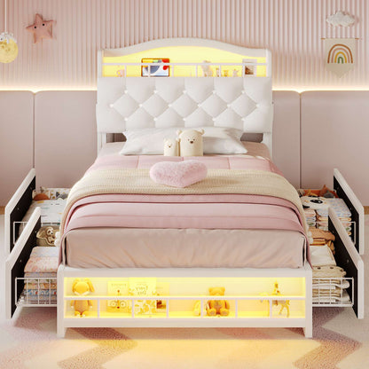 HAUOMS Twin Size Bed Frame with LED Lights and 4 Drawers Headboard with Charging Station Guardrail Crystal Button Princess Velvet Upholstered Platform Bed for Girls