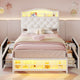 HAUOMS Twin Size Bed Frame with LED Lights and 4 Drawers Headboard with Charging Station Guardrail Crystal Button Princess Velvet Upholstered Platform Bed for Girls