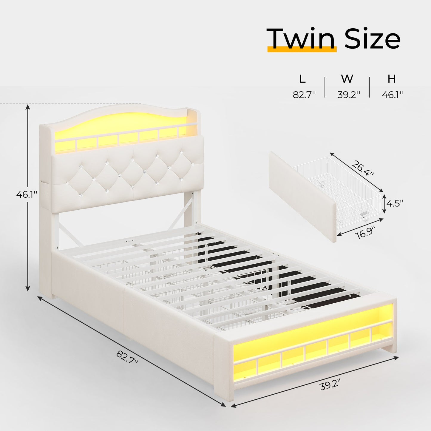 HAUOMS Twin Size Bed Frame with LED Lights and 4 Drawers Headboard with Charging Station Guardrail Crystal Button Princess Velvet Upholstered Platform Bed for Girls