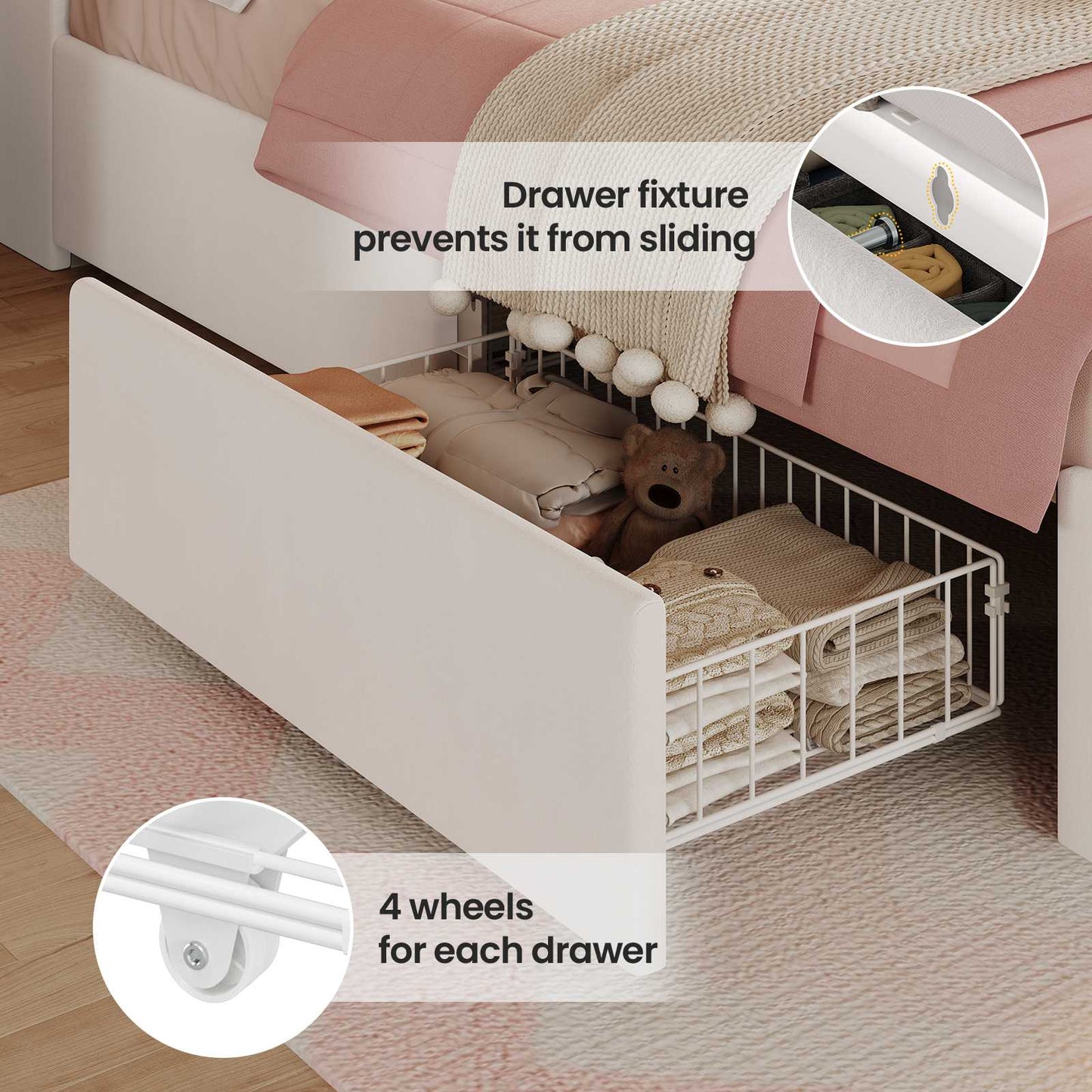 HAUOMS Twin Size Bed Frame with LED Lights and 4 Drawers Headboard with Charging Station Guardrail Crystal Button Princess Velvet Upholstered Platform Bed for Girls
