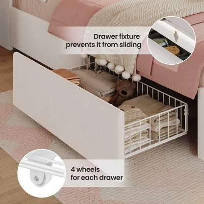 HAUOMS Twin Size Bed Frame with LED Lights and 4 Drawers Headboard with Charging Station Guardrail Crystal Button Princess Velvet Upholstered Platform Bed for Girls
