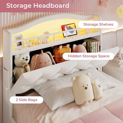 HAUOMS Twin Size Bed Frame with LED Lights and 4 Drawers Headboard with Charging Station Guardrail Crystal Button Princess Velvet Upholstered Platform Bed for Girls