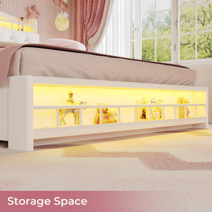 HAUOMS Twin Size Bed Frame with LED Lights and 4 Drawers Headboard with Charging Station Guardrail Crystal Button Princess Velvet Upholstered Platform Bed for Girls