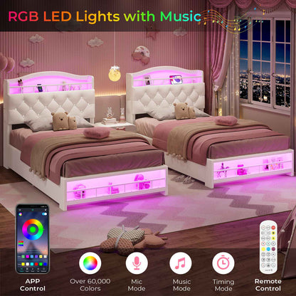 HAUOMS Twin Size Bed Frame with LED Lights and 4 Drawers Headboard with Charging Station Guardrail Crystal Button Princess Velvet Upholstered Platform Bed for Girls